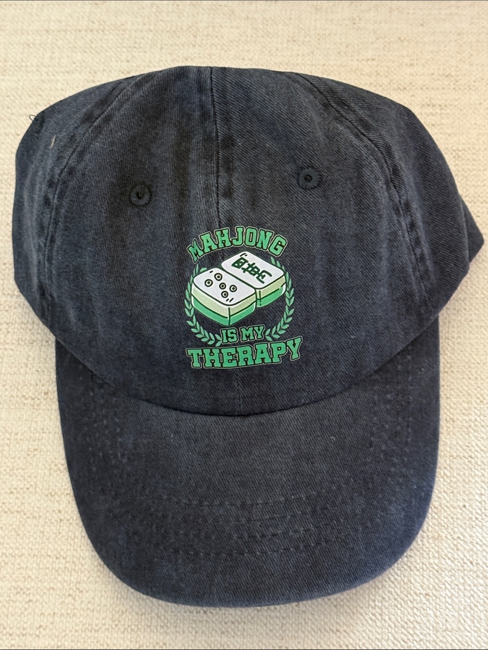 “Mahjong Is My Therapy” Blue Baseball Cap with Green Graphic